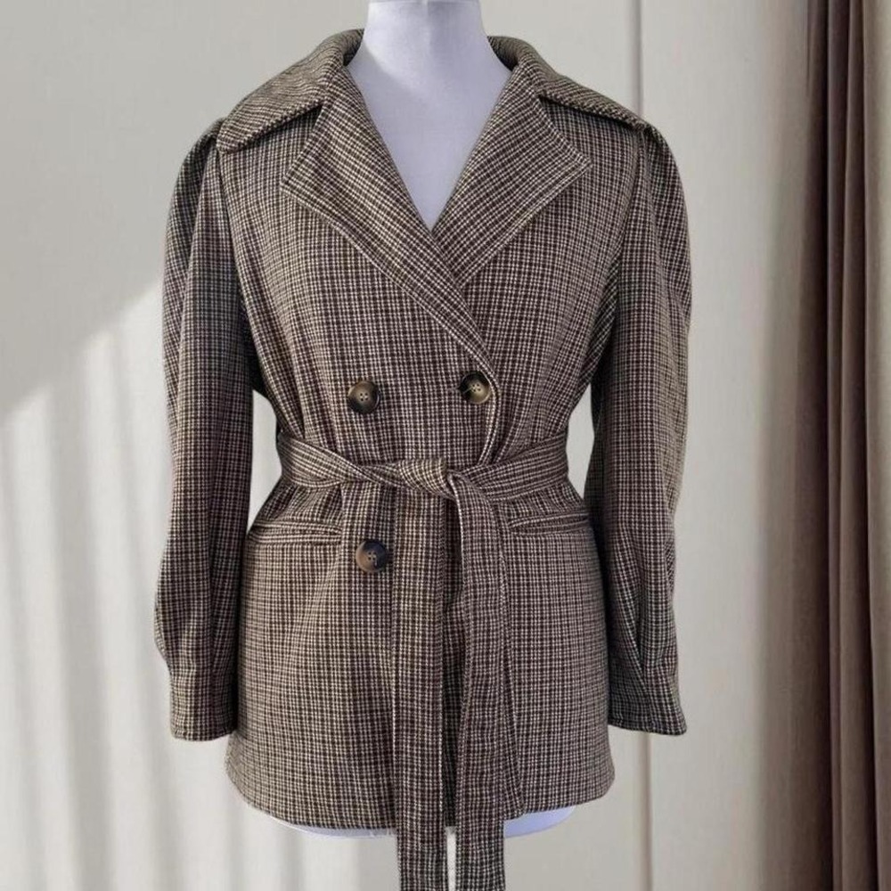 PANPAN Design NWT Brown‎ Houndstooth Double Breasted Belted Puff Sleeve Jacket